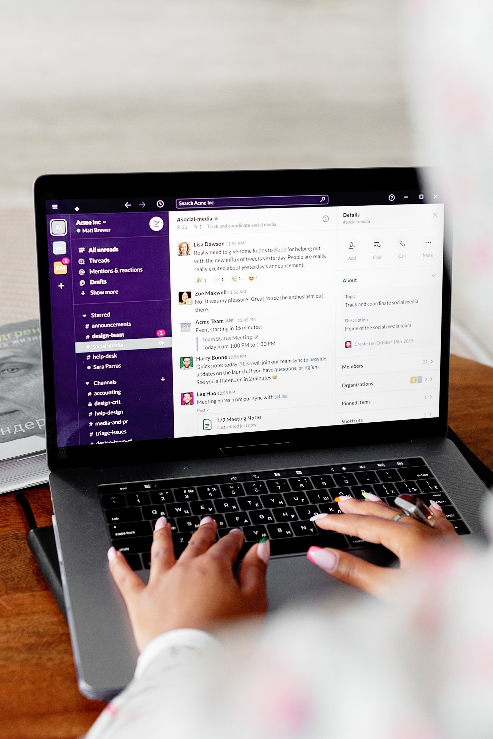 Person using laptop with Slack social media channel - Facebook ad copywriting context Content-Disposition: form-data; name="caption" Person using laptop with Slack social media channel - Facebook ad copywriting context